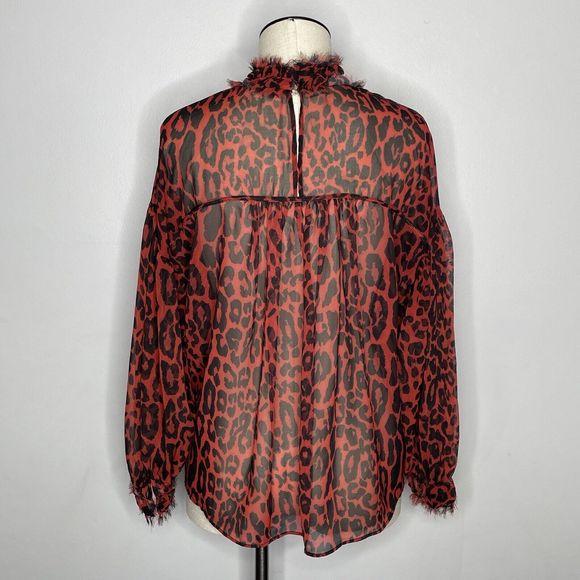 Zara Sheer Top Womens Small Red Black Animal Print Blouse Mock Neck Flowy - Picture 3 of 7